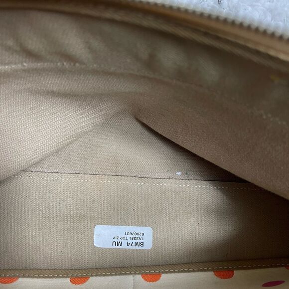 Dooney &Bourke Beige canvas multi color polka dots tan leather trim shoulder bag - Picture 15 of 16